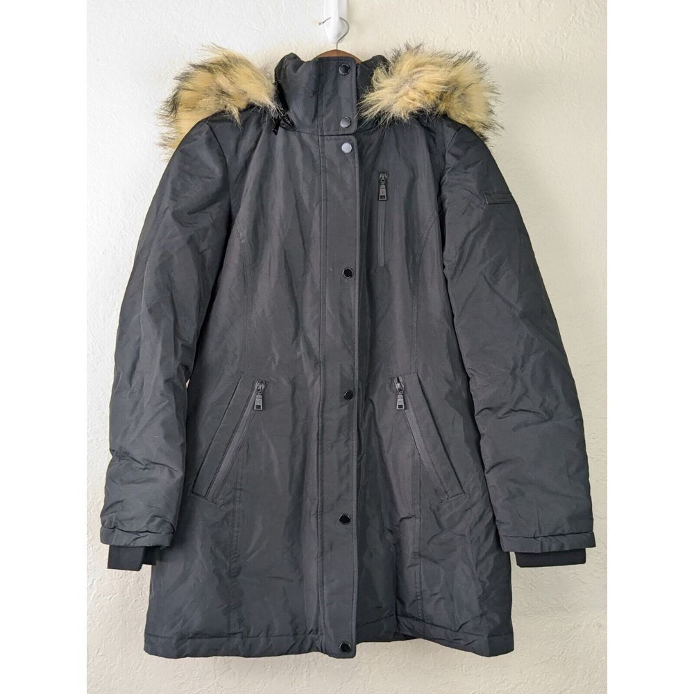 Tahari Womens Winter Coat Sz S Black Filled‎ Parka Jacket Fur Lined Hood Outdoor
